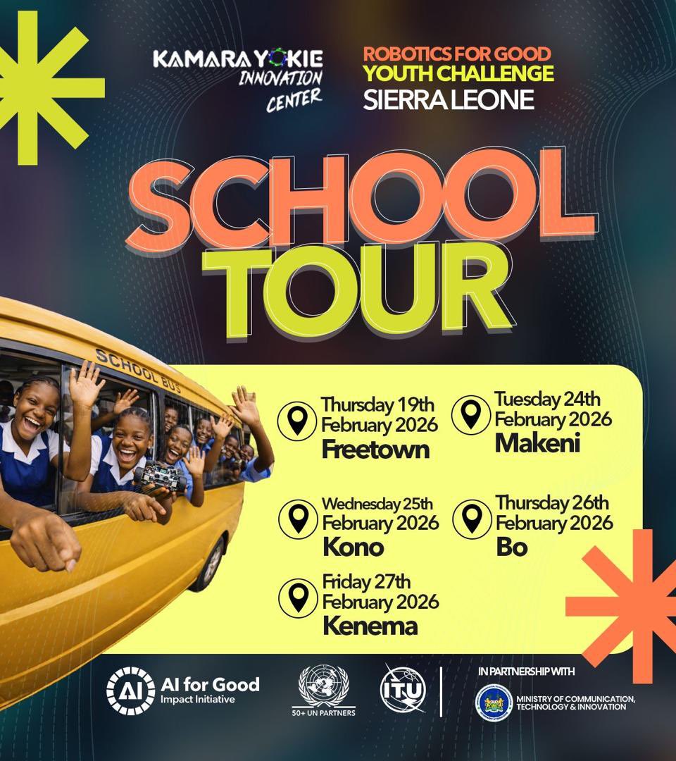 MoCTI_SL's tweet photo. Robotics for Good Youth Challenge – Road to Geneva 2026‼️
🇸🇱 joins this global UN-backed robotics competition, empowering youth to build tech solutions for real-world challenges.
School tour starts in Freetown, Makeni, Kono, Bo &amp; Kenema from the 19–27 Feb 2026
#robotics https://t.co/V9DUDuXEJI