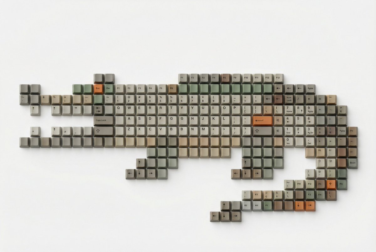egeberkina's tweet photo. Wildlife made of keycaps

{
  "task": "object_made_from_keycaps",
  "input": {
    "subject": "Crocodile"
  },
  "style": {
    "aesthetic": "mechanical keyboard keycap mosaic silhouette on white",
    "render_type": "photorealistic top-down composition",
    "keycaps": {
      "type": "real mechanical keyboard keycaps",
      "material": "matte PBT plastic",
      "profile": "OEM or Cherry profile",
      "layout": "tight uniform grid",
      "all_caps_have_legends": true,
      "legends": {
        "include": "letters, numbers, punctuation, function keys, arrows, symbols",
        "print_style": "crisp double-shot or dye-sublimated",
        "no_blank_keycaps": true,
        "randomized_distribution": "natural realistic variation"
      }
    },
    "composition": {
      "background": "pure seamless white",
      "shape_definition": "keycaps precisely arranged to form a clean side-profile silhouette of the subject",
      "negative_space": "empty white outside the silhouette",
      "aspect_ratio": "16:9",
      "view": "perfect 90-degree top-down flat lay",
      "centered": true
    },
    "lighting": {
      "type": "soft diffused studio lighting",
      "shadow_style": "very soft contact shadows under each keycap",
      "highlights": "subtle edge highlights on plastic texture",
      "no_harsh_shadows": true
    },
    "depth": {
      "flat_surface": true,
      "minimal_perspective_distortion": true
    }
  },
  "quality": {
    "resolution": "8K",
    "ultra_sharp_details": true,
    "realistic_material_texture": true,
    "no_noise": true
  }
}