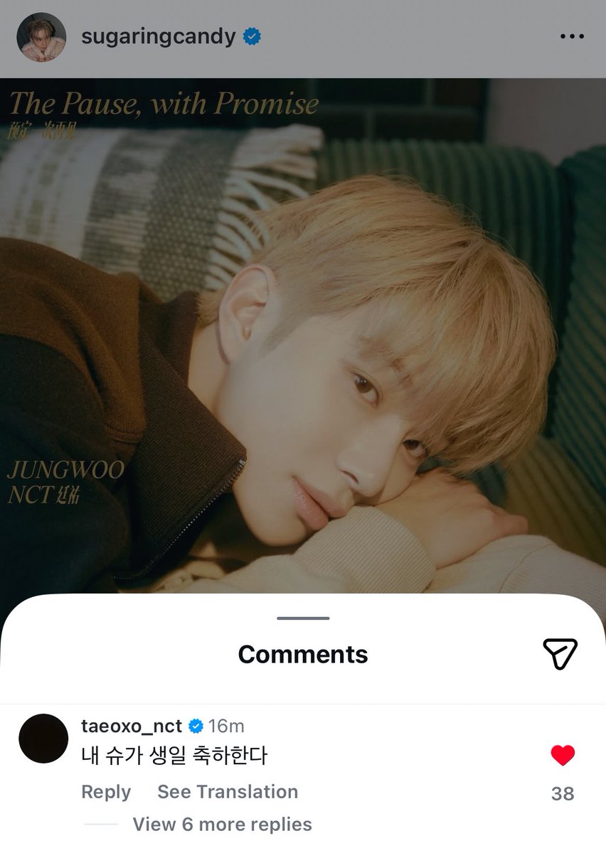 Taeyong commented on #정우 #JUNGWOO’s instagram post 🥹

🌹: Happy birthday my sugar