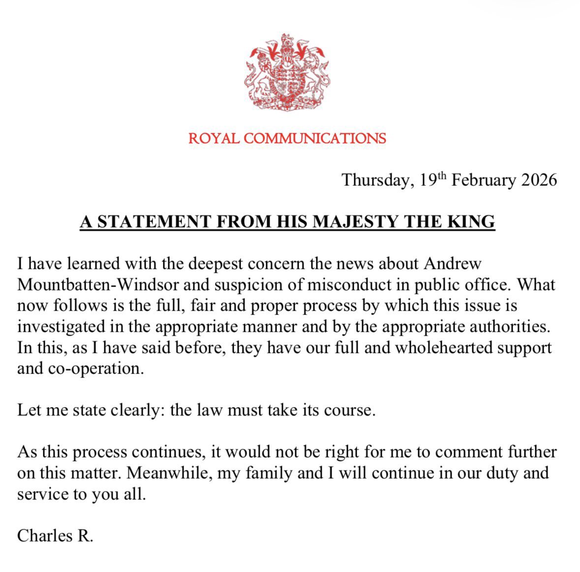 A very carefully crafted and measured statement issued by HM The King <a href="/RoyalFamily/">The Royal Family</a> on today’s unprecedented breaking news

#AndrewMountbattenWindsor #RoyalFamily
