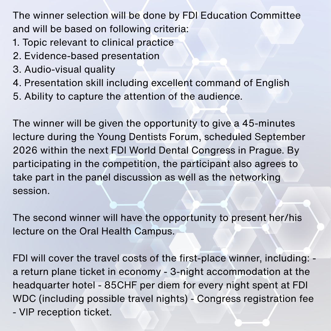 FDI Young Dentist Forum – Speaker Contest 2026
SADA may nominate 1 candidate (max 30 globally).
Deadline: 28 Feb

Please read below for participation guidelines and rules.

Email: clinical@sada.co.za