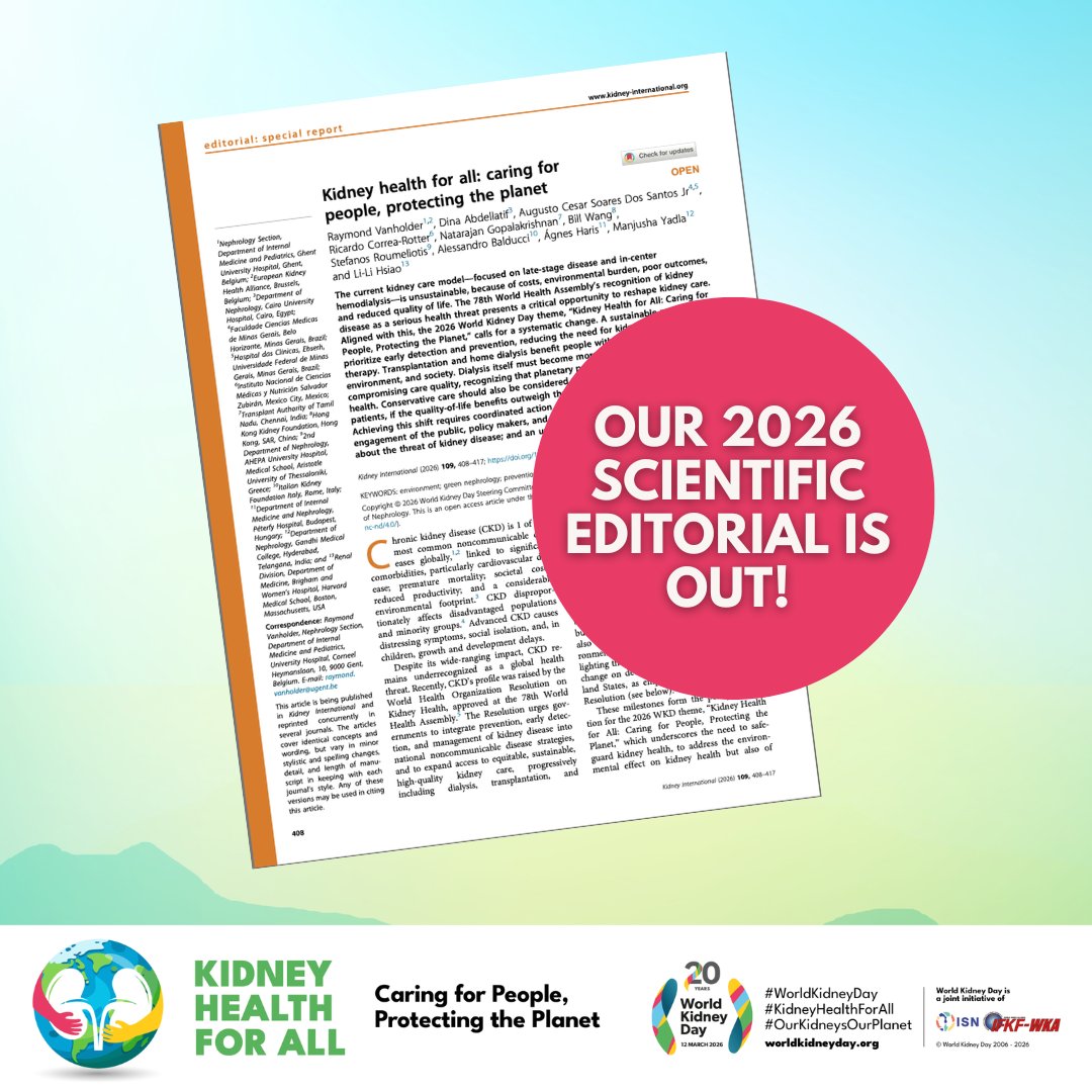 worldkidneyday's tweet photo. 🔔 The 2026 #WorldKidneyDay Scientific Editorial titled “Kidney Health For All: Caring for People, Protecting the Planet” is out!

This year’s editorial calls for a bold shift toward prevention, early detection, patient-centered care, and more sustainable treatment approaches that protect both people and our planet.

Discover how we can rethink kidney care for a healthier, more sustainable future: https://t.co/Tq1EGlOy2B

#WorldKidneyDay #OurKidneysOurPlanet #KidneyHealthForAll #WorldKidneyDay20Years
