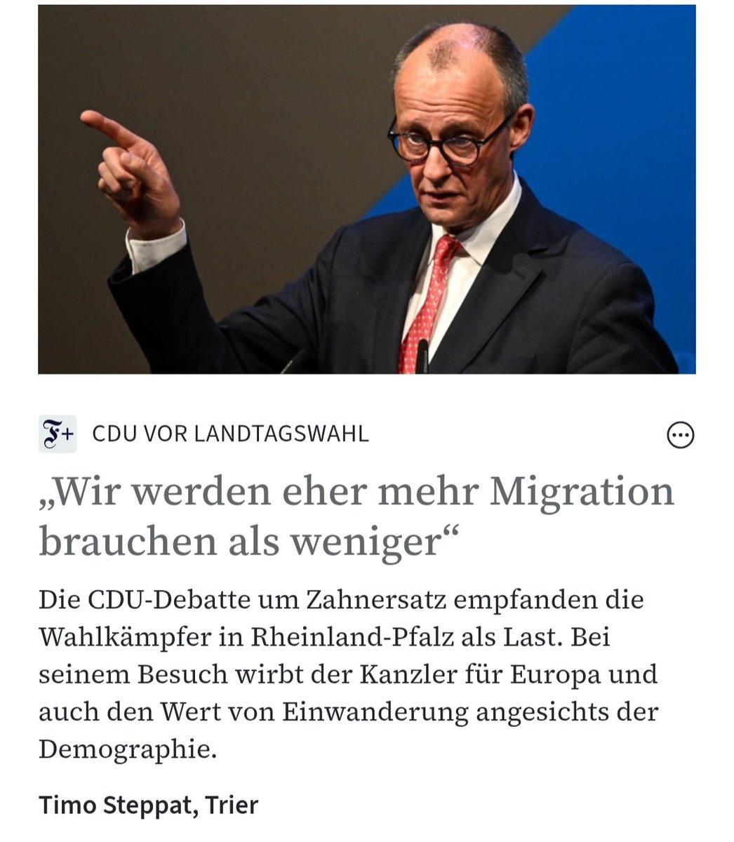 Will er es nicht oder kann er es nicht kapieren. WIR WOLLEN DAS NICHT!
Jeder der Kinder hat, weiß,  wir müssen jetzt handeln und die Zuwanderungszahlen umkehren. Die nächste Generation wird damit schon rein zahlenmäßig überfordert sein. Wählt die CDU ab. Stärkt AfD und WerteUnion