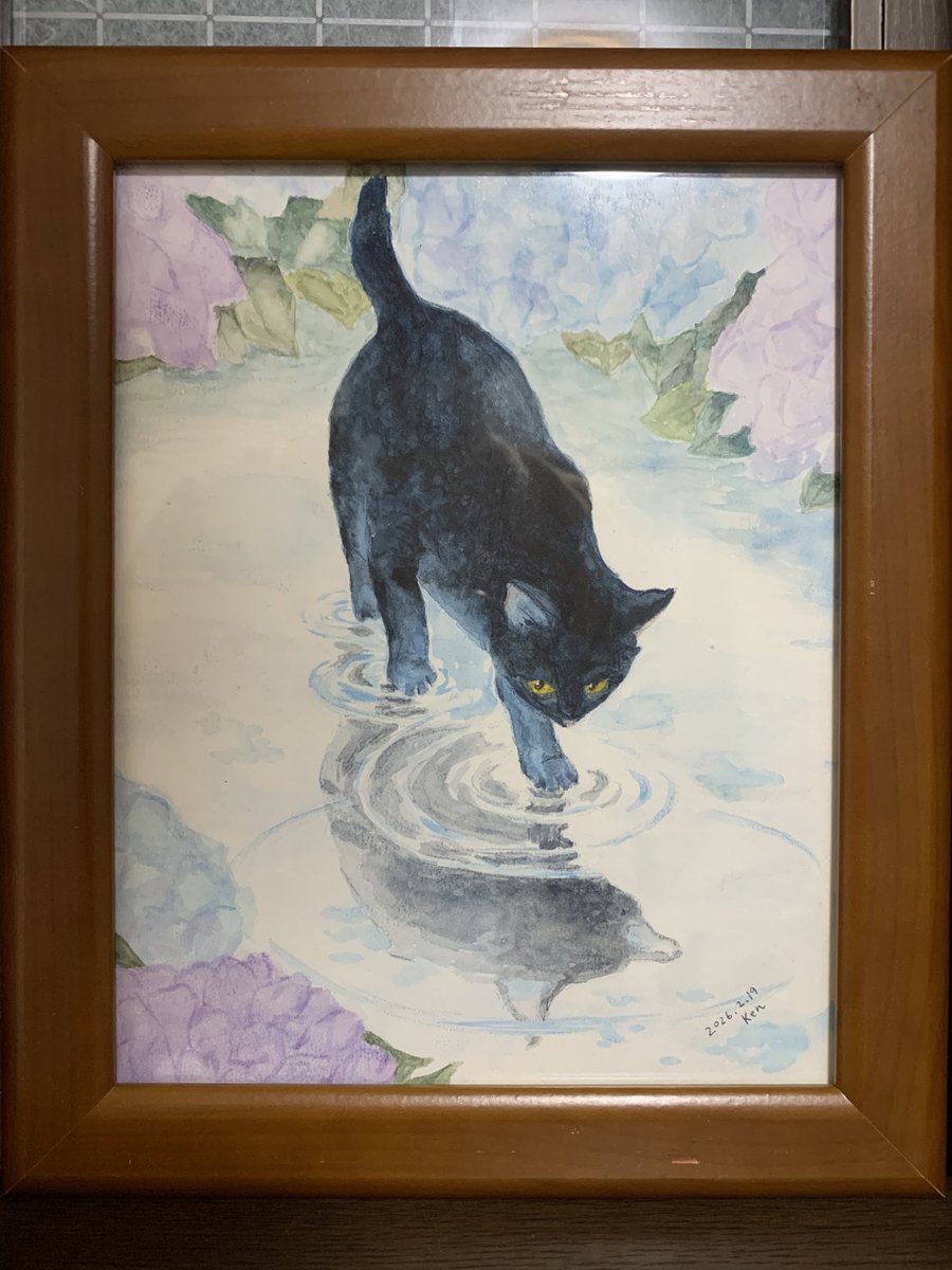 黒猫くぅちゃんの水彩画、完成しました！ #水彩画 #黒猫 #保護猫 #猫