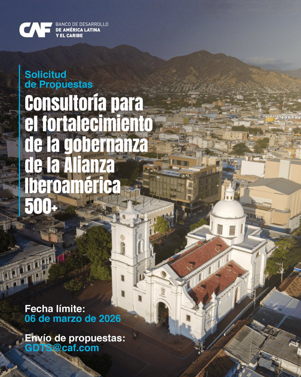 📣#ConvocatoriaCAF | CAF abre una solicitud de propuestas para fortalecer la gobernanza de la Alianza Iberoamérica 500+, una red de ciudades que comparten historia y proyectan una agenda urbana común hacia 2050.

Buscamos una firma que ayude a estructurar su modelo de