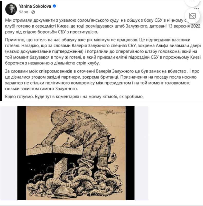 ось тут я погоджуюся. Та впевнена, що в'ю Залужного - це крок на випередження. Бо оточення Зеленського  - це вже давно погризений щурами у сито тикий собі "мішок", з якого тече інформація. Бо кожний готовить собі відступ. 
Ну й ще додам...