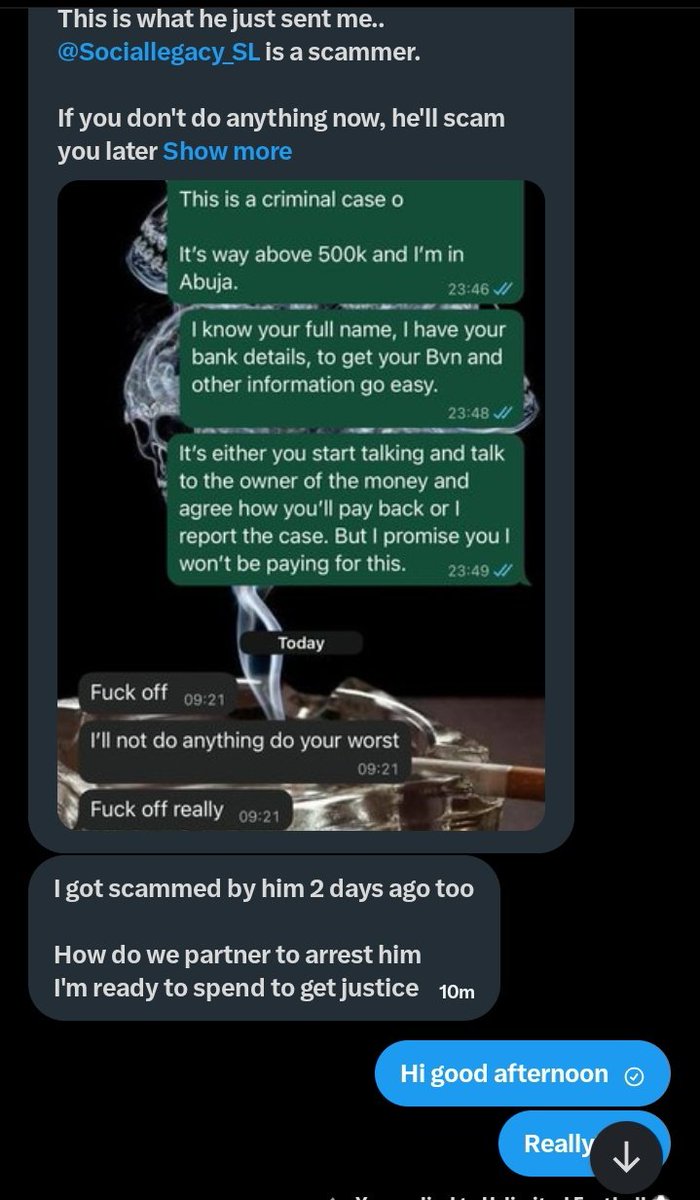 Realestwhilz0's tweet photo. This @sociallegacy_sl guy is a real fraud and should be arrested.. see how many cases are coming to my DM.. I'll be asking them for evidences please we need him to be brought to justice

@vdmempire @PoliceNG @officialEFCC @OfficialDSSNG @TheDamiForeign @john322226 @DanielRegha https://t.co/o5N1EV1PN5