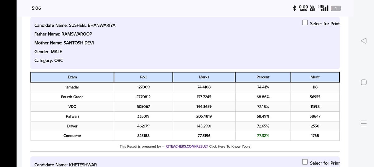 RSSB COMBINE RESULT TOOL 
में अब सात परिक्षाओं का रिजल्ट उपलब्ध है 
#Fourth_grade_result, #Patwari_Result, #VDO_Result, #Driver_Result, #Conductor_Result, #Librarian_Grade_3_Result,  #Jamardar_Result 
आप इससे एक साथ किसी भी अभ्यर्थी का विवरण देख सकते हैं।
rjteachers.com/result