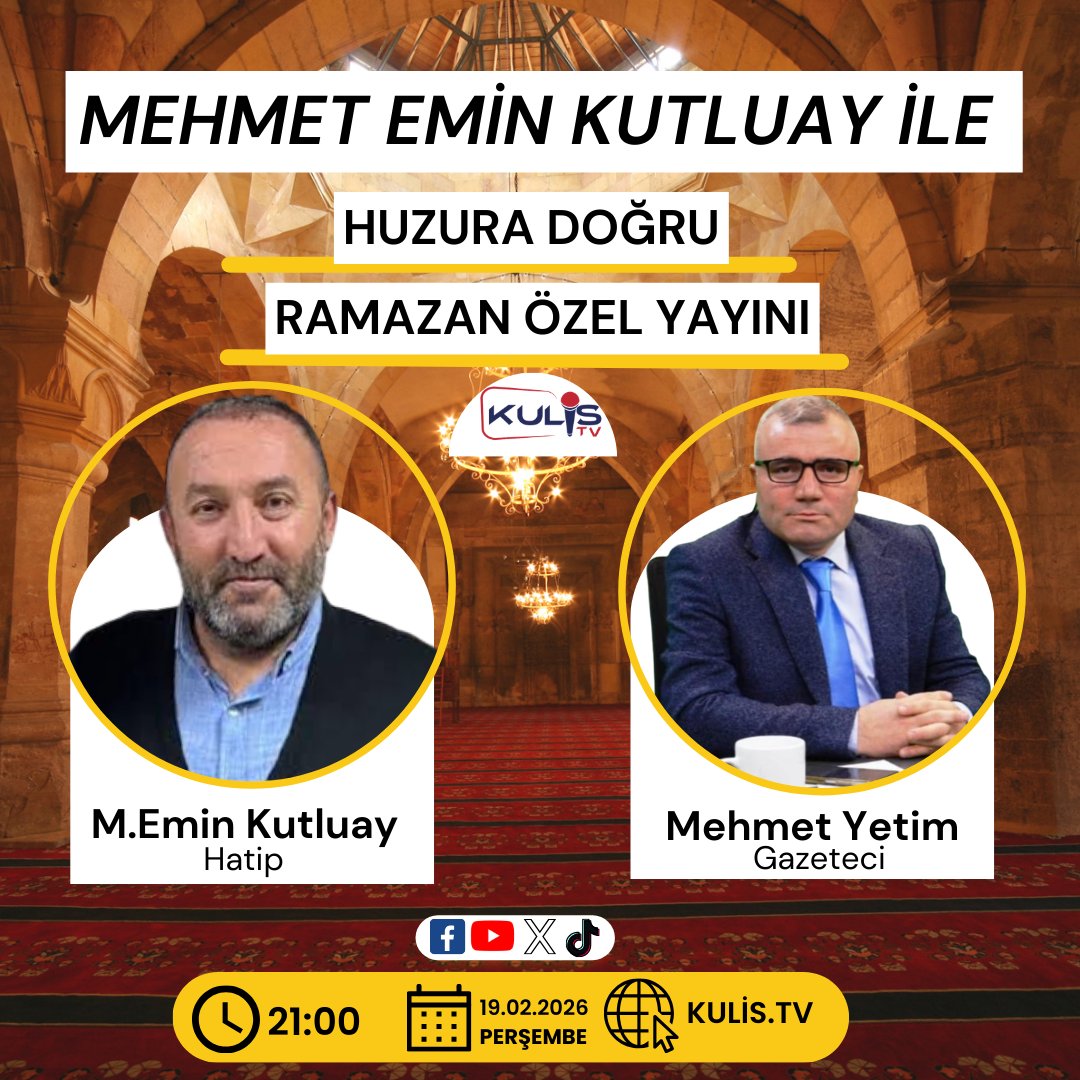 Mehmet Emin Kutluay ile Huzura Doğru

🎙️ Gazeteci Mehmet Yetim soruyor, Hatip Mehmet Emin Kutluay cevaplıyor…

Ramazan’ın manevi ikliminde gönüllere dokunan, huzuru ve bereketi merkeze alan özel bir programla karşınızdayız.

Gündem:
Ramazan bereketi…
Ramazan’da neler