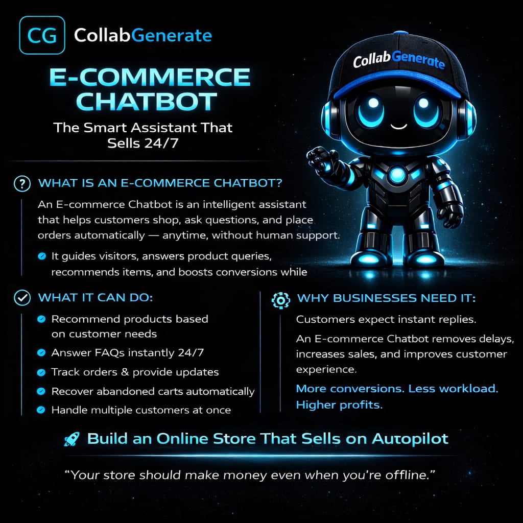 CollabGenerate's tweet photo. Your E-commerce store shouldn't sleep when you do.🌐

Our AI Chatbots handle: 
✅ Instant Product Queries 🔍 
✅ Abandoned Cart Recovery 🛒 
✅ 24/7 Customer Support 🤖
Stop losing leads. Start automating.🚀 

🔗 https://t.co/YPI1nJiaEx

#Ecommerce #AI #Automation #CollabGenerate https://t.co/LiDTKIZVoo