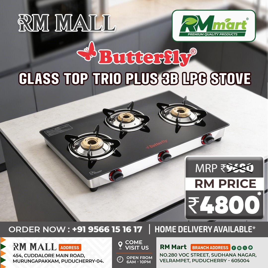 rmmartofficial's tweet image. Butterfly Glass Top 3-Burner LPG Stove Offer | RM Mart Puducherry 

#ButterflyAppliances #GasStove #KitchenMakeover #ButterflyTrioPlus #HomeAppliances #CookingEssentials