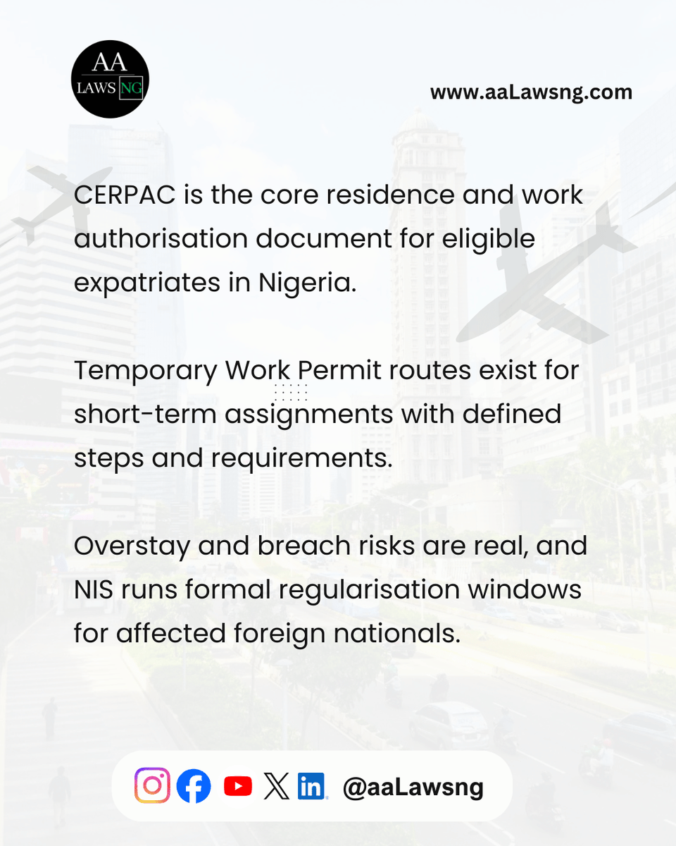 aalawsng's tweet photo. If your business will hire expatriates in Nigeria, get the immigration structure right early. Quota approvals, visa class, and CERPAC compliance protect both the employer and the expatriate.
#InvestInNigeria #ExpatriateQuota #CERPAC #aaLawsng #avielavenantelawpractice https://t.co/XgBxQiLVX9