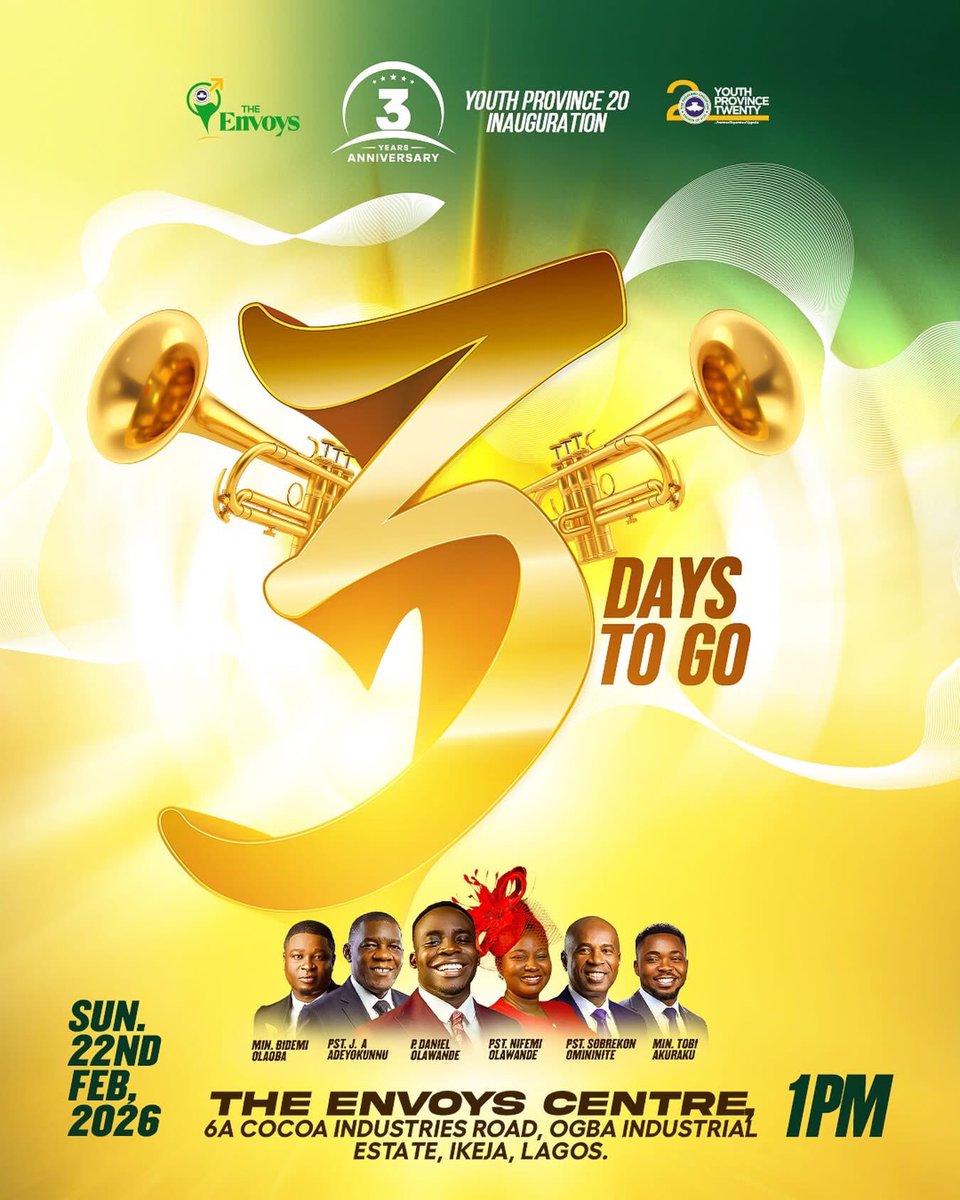 rccgtheenvoys's tweet photo. Only 3 days left to Year 3?? 
3 years of outstanding achievements, miraculous advancements and unforgettable moments ! 

What are your top 3 things you are grateful for with RCCG THE ENVOYS

#RCCGTheEnvoys
#PDaniel
#YP20 https://t.co/BCUEVbB5pI