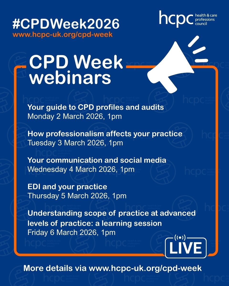 The_HCPC's tweet photo. Have you heard about our CPD Week webinars? 👇👇

They're designed to give practical insights, refresh your knowledge and count as CPD (alongside appropriate reflection).

Learn more and register: https://t.co/WPGZ8jxQos https://t.co/b80grs8mHp
