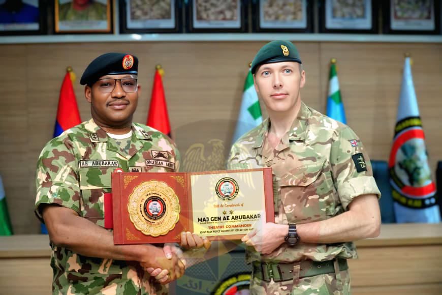 HQNigerianArmy's tweet photo. PRESS RELEASE

 UNITED KINGDOM,GERMAN DEFENCE ATTACHÉS VISIT HEADQUARTERS OPHK, REAFFIRM SUPPORT

The Defence Attachés of the United Kingdom and Germany to Nigeria, Brigadier Tom Harper and Colonel Boris Bovecamp, have reaffirmed continued support and collaboration in the fight against terrorism and insurgency. The assurance came during their historic visit to the Headquarters of the Theatre Command, Operation HADIN KAI (OPHK), in Maiduguri on Wednesday, February 18.

Brigadier  General  Tom  Harper highlighted the strong mutual respect and enduring relationship between Nigeria and the United Kingdom, emphasizing their shared commitment to the rule of law, democracy, and human rights. He commended the Nigerian Armed Forces’ efforts in tackling terrorism in the North East region, particularly through Operation HADIN KAI, and expressed the UK’s commitment to providing further training support through the British Military Advisory Team (BMATT). 

Equally,  the Defence Attaché of Germany to Nigeria, Colonel Boris Bovecamp made his pronouncement, where he stated that he was in the Theatre to explore possible areas of future collaboration especially in  the area of capacity building as well as possible interventions through regional cooperation arrangements to enhance operational effectiveness and collaboration to defeat terrorism.

In his remarks, the Theatre Commander of OPHK, Major General Abdulsalam Abubakar, lauded the significant contributions of the UK and German Defence Attachés to counter-insurgency efforts. He noted that training initiatives have enhanced troops’ skills and proficiency in responding to evolving security challenges in OPHK emphasizing the mutual benefit of the partnerships. He highlighted areas of future collaboration to include technical expertise as well as equipment and logistics support.

The visit concluded with the signing of the visitors’ register, presentation of souvenirs, and a group photograph.

 SANI UBA
Lieutenant Colonel 
Media Information Officer 
Headquarters  Joint Task Force (North East ) Operation HADIN KAI 
18 February, 2026