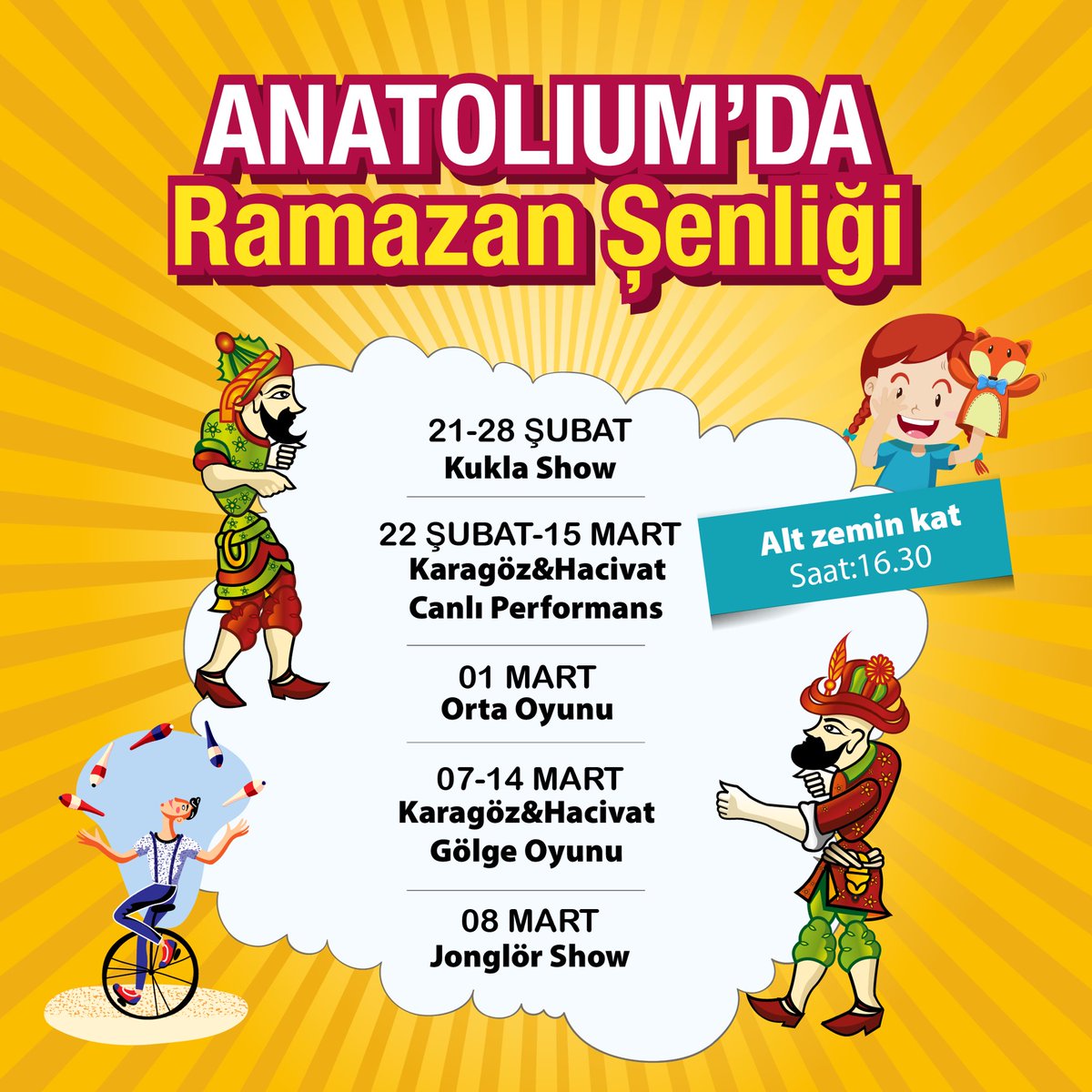 Ramazan’ın en güzel anları Anatolium Ankara’da yaşanıyor! 🌙
Birbirinden keyifli etkinlikler, geleneksel gösteriler ve Ramazan’ın sıcak atmosferiyle sizleri bekliyoruz.🤗

📌Etkinliklerimize katılım ücretsizdir.
📌Etkinliklerimiz 16.30’da alt zemin katta gerçekleşecektir.