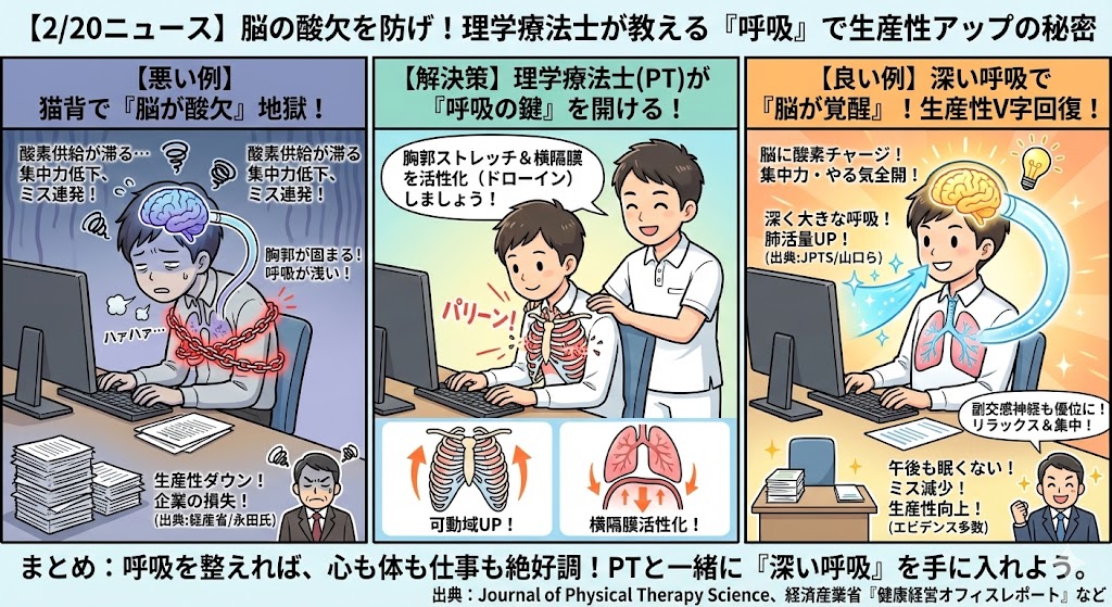 PtBuild's tweet image. 午後に集中力が切れるのは、姿勢が悪く「呼吸」が浅くなっているからかも🫁
猫背で胸が固まると脳への酸素が不足し、ミスや眠気の原因に⚠️胸郭を広げると、自律神経が整い生産性もUPするというデータが💡 深く吸える体作り！これが、最高の時短術です☝️
#健康経営 #理学療法士 #生産性向上 #深呼吸