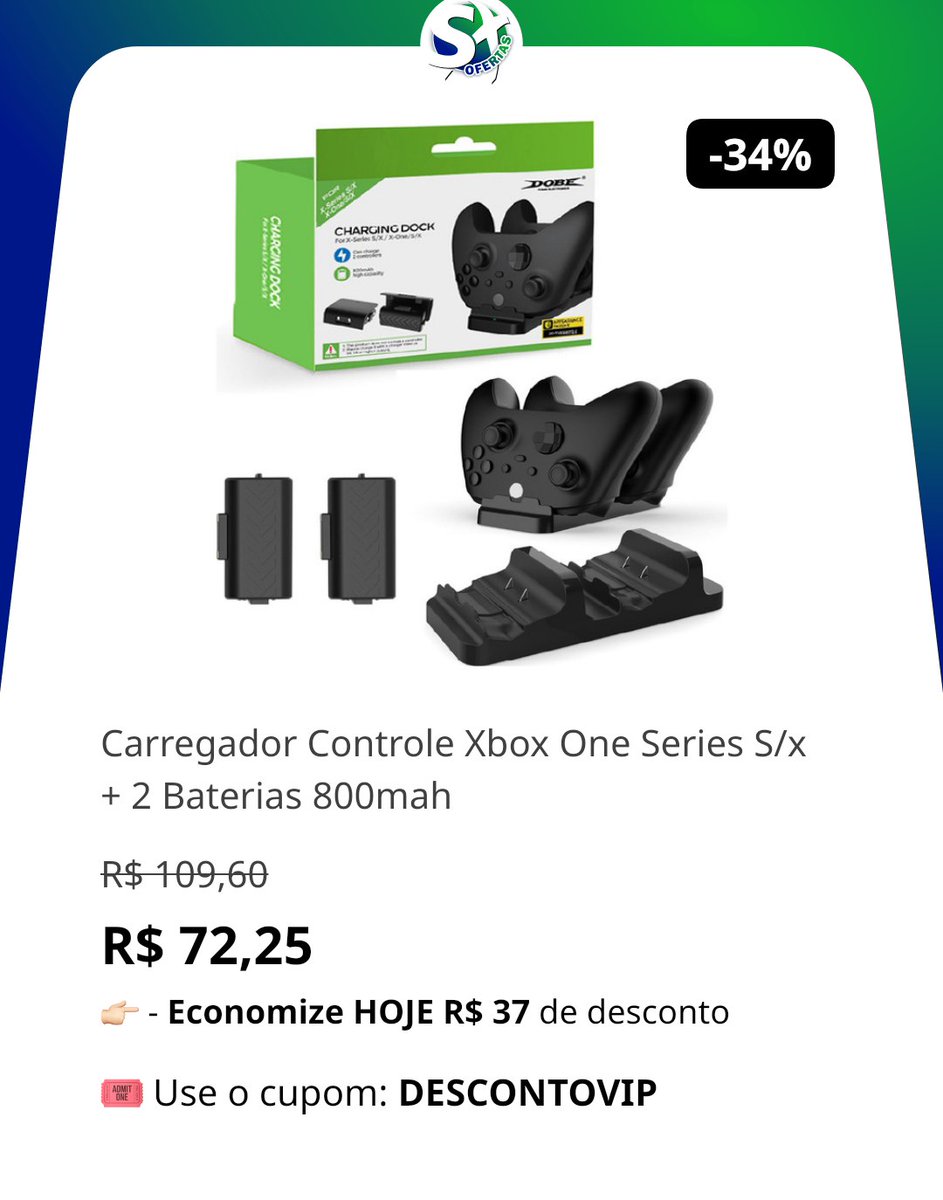 🛍️Carregador Controle Xbox One Series S/x + 2 Baterias 800mah

~de R$ 109,60~
💸por R$ 72,25 🚨🚨

🎟️Use o cupom: DESCONTOVIP

🛒MERCADOLIVRE

👉Link p/ comprar:  divulgadorinteligente.com/sxofertas/p/R1…

_*Promoção sujeita a alteração a qualquer momento_