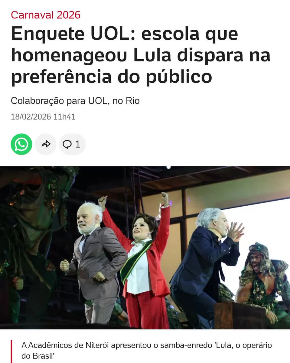 luizmuller's tweet image. "Rebaixada? Sim, como sempre acontece com quem sobe da Série Ouro pro Especial. Mas na enquete do povão (UOL), a Acadêmicos de Niterói disparou na frente: 37% contra 25% da Mocidade, 12 pontos de vantagem! Fez um desfile emocionante, com enredo livre, satírico, tocante e