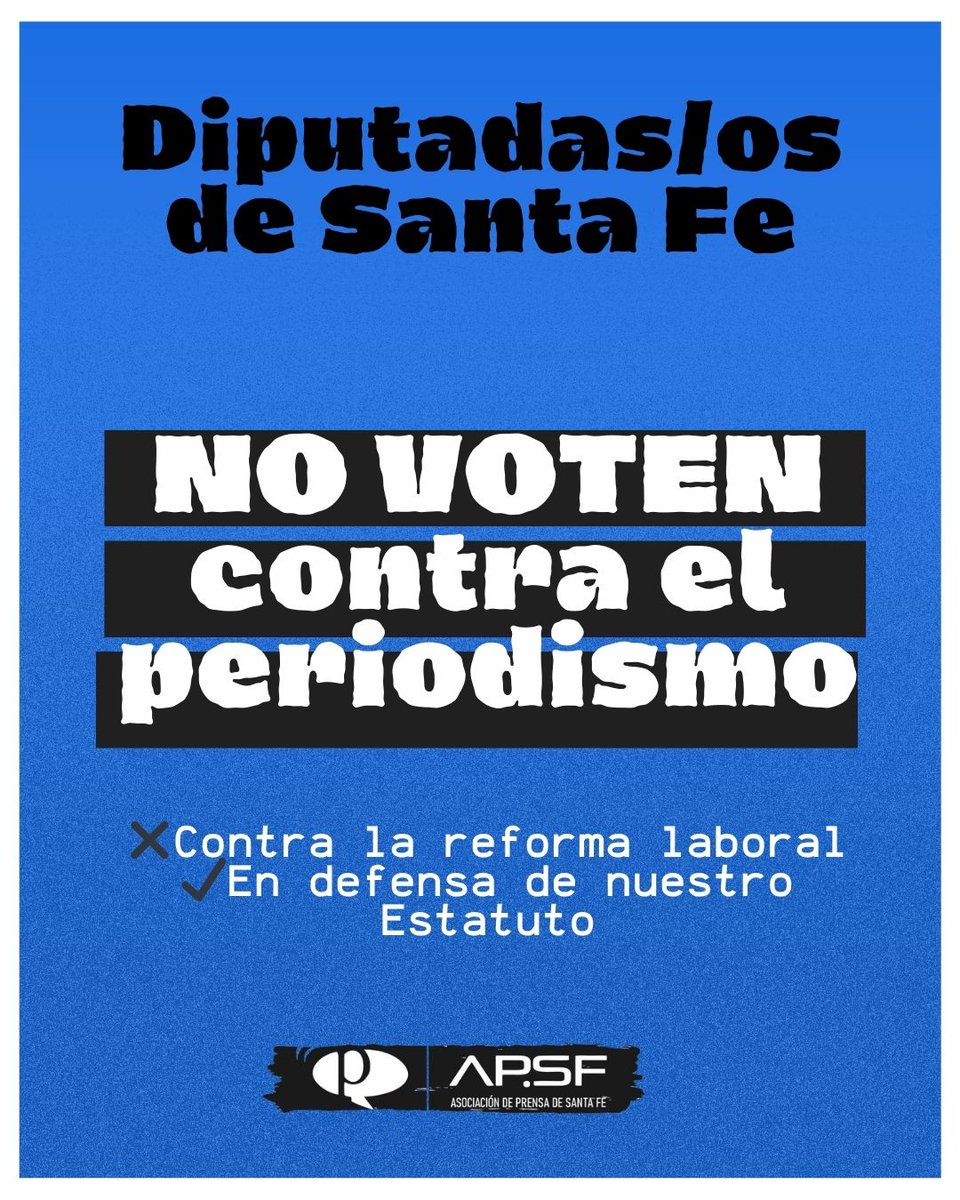📢Diputadas/os por la Provincia de Santa Fe:
✖️No voten por la precarización de las y los periodistas
✖️No deroguen el Estatuto del Periodista
#NoALaReformaLaboral #DefendemosElEstatutoDelPeriodista
⬇️