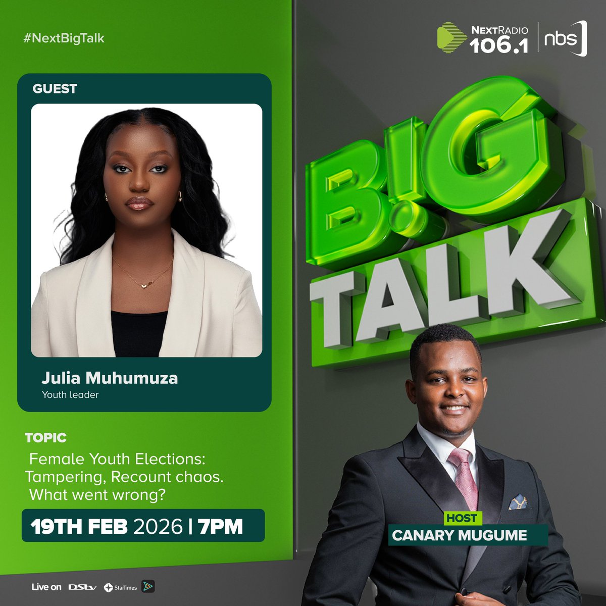 This evening on The Big Talk. 

<a href="/AmpaireDiana/">Ampaire Diana Kampe</a>, <a href="/JuliaMuhumuza/">Julia Muhumuza</a> join me to speak about the National Female Youth MP elections. The tampering, the recount chaos, and more. 

#NextBigTalk | 7pm - 8pm | <a href="/nextradio_ug/">Next Radio 106.1FM</a>