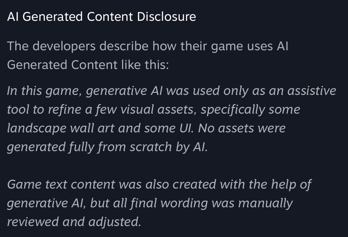 TomW314's tweet photo. @fuwamay Sadly the steam page also has an AI usage disclosure which is pretty disappointing https://t.co/MHhYsMv5O1