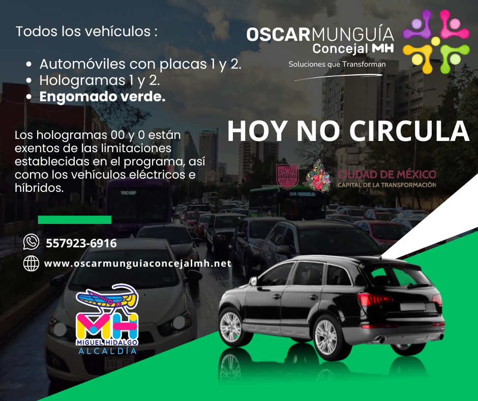 🚗 ¡No lo olvides este jueves!

Si tu vehículo tiene engomado verde y placas terminadas en 1 y 2, con holograma 1 o 2, no circula conforme al programa #HoyNoCircula.

🔓 Los autos con holograma 0 y 00 sí pueden circular.

Cuidemos el ambiente y promovamos una movilidad más