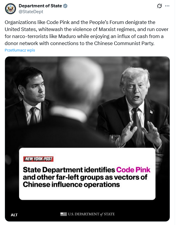 🚨❗️ALEŻ TO JEST MOCNE! Strajk Kobiet i lewacka organizacja z USA powiązana z Chinami i Rosją. Polska została wciągnięta w orbitę bardzo poważnych działań wywrotowych. A Rząd dziś ściga i represjonuje oficerów, którzy rozpoznawali te zagrożenia.

Departament Stanu USA opublikował