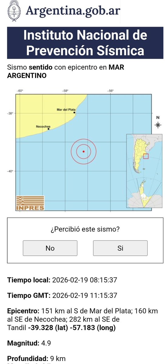 Tiempo_AMBA's tweet image. #Sismo #Miramar #Urgente
Sismo de 4,9 grados en el Mar Argentino altura Miramar,  a tan solo 9km de profundidad.
