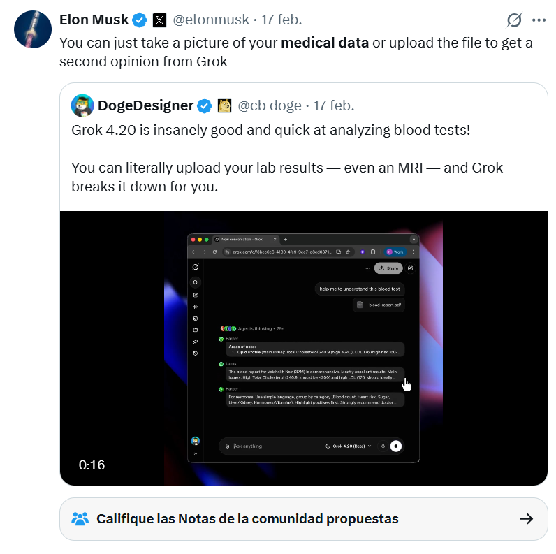 GBCLopi's tweet photo. Elon Musk insinuando a sus seguidores que suban información médica a SU plataforma de IA para "tener una segunda opinión". No solo es una irresponsabilidad recomendar a una IA para que te diagnostique, es que directamente está pidiendo que le des tus datos médicos a SU empresa. https://t.co/qu9fUkaCDC