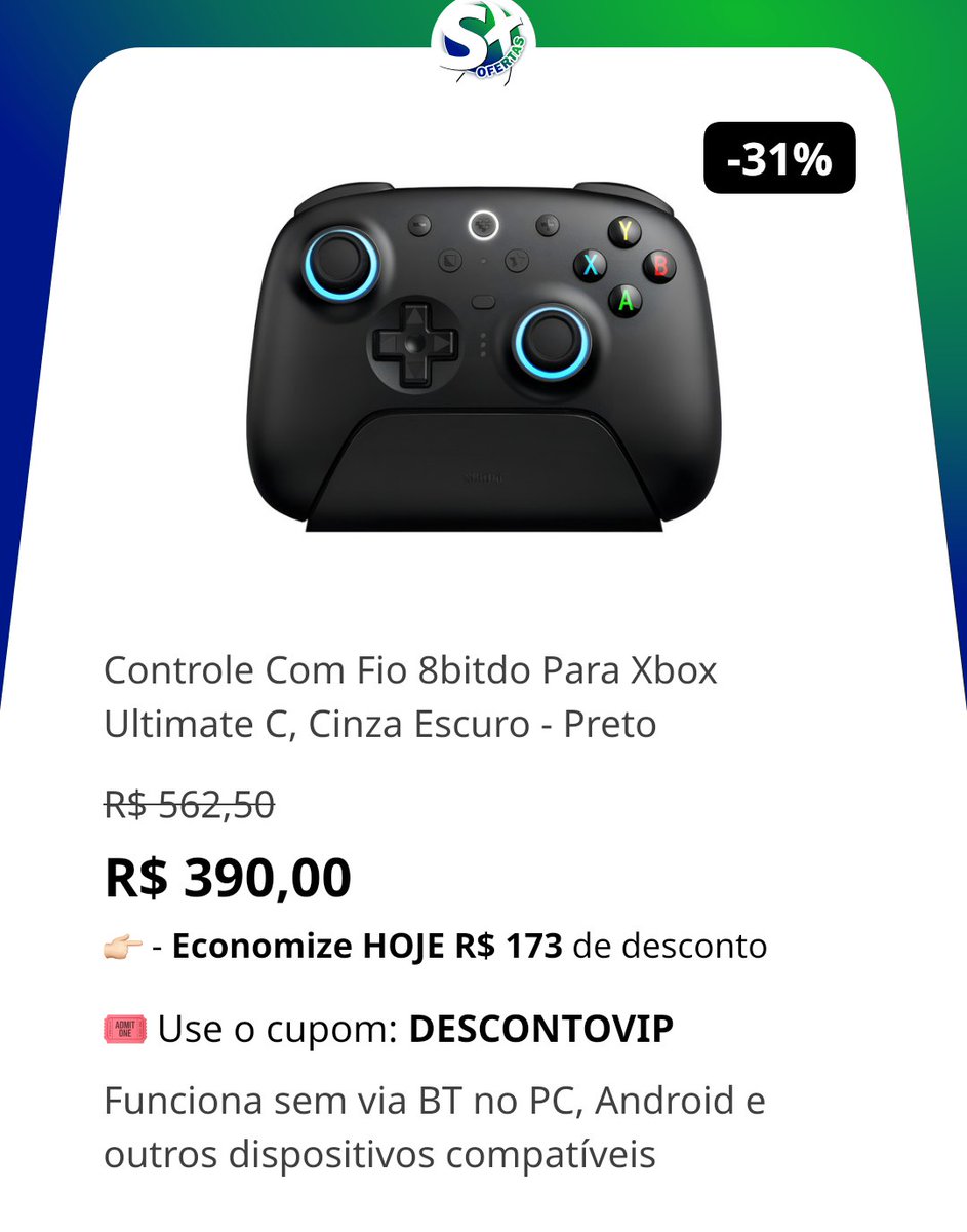 🛍️Controle Com Fio 8bitdo Para Xbox Ultimate C, Cinza Escuro - Preto

~de R$ 562,50~
💸por R$ 390,00 🚨🚨

🎟️Use o cupom: DESCONTOVIP

Funciona sem via BT no PC, Android e outros dispositivos compatíveis

🛒MERCADOLIVRE

👉Link p/ comprar:  divulgadorinteligente.com/sxofertas/p/mD…

_*Promoção