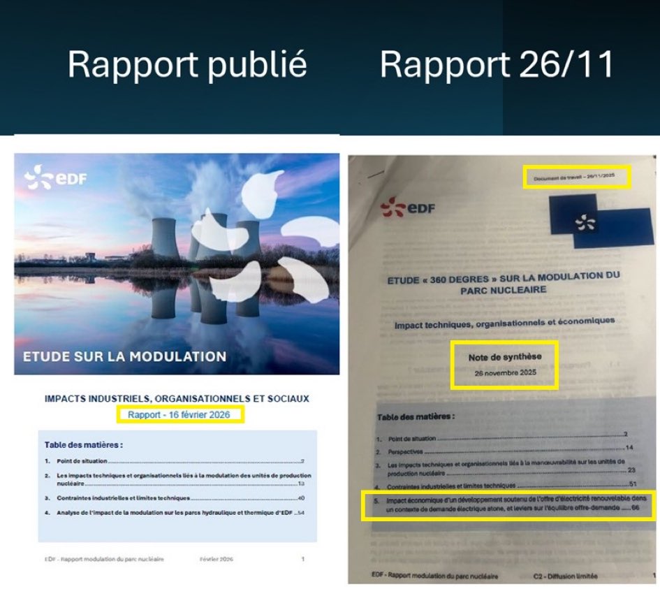 Regardez bien : à droite le rapport de <a href="/EDFofficiel/">EDF</a> AVEC LE POINT 5 SUR LES IMPACTS DÉSASTREUX ÉCONOMIQUES qui a été supprimé… sur intervention gouvernementale de <a href="/SebLecornu/">Sébastien Lecornu</a> et <a href="/RolandLescure/">Roland Lescure</a> du rapport publié EN AYANT EFFACÉ/SUPPRIMÉ LE POINT 5 ! 

C’est quoi un gouvernement