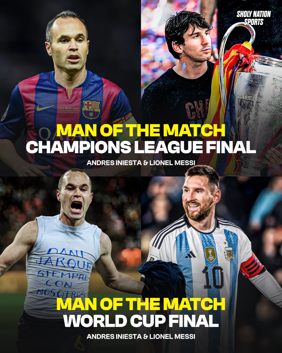 ⭐️ Man of the Match in the UCL final
⭐️ Man of the Match in the World Cup final

Ladies and gentlemen, Messi and Iniesta! 🐐🐐
