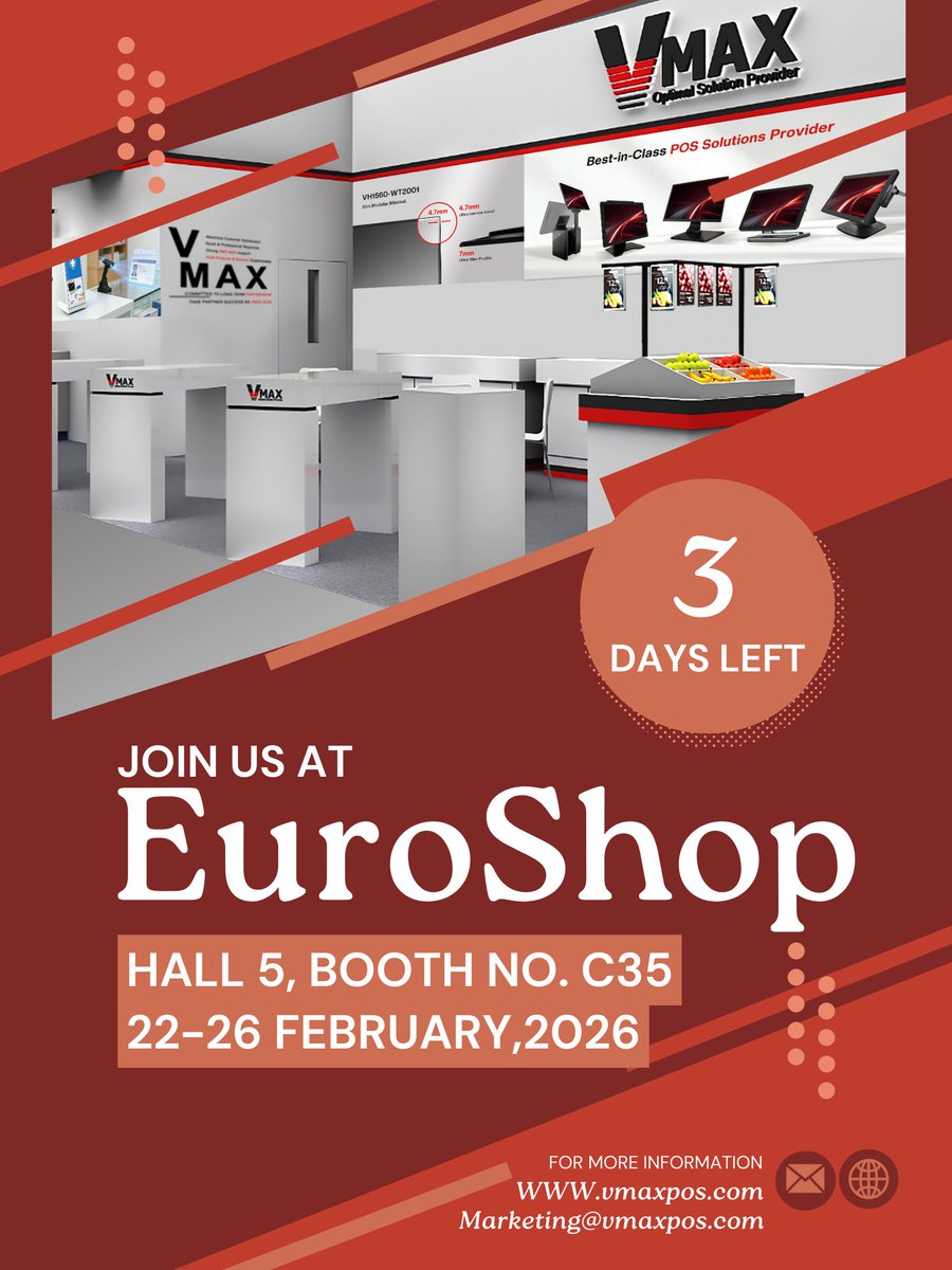 Vmax_POS's tweet photo. 3 days to meet VMAX at Euroshop HALL 5, C35 🎉 
With over a decade in smart retail, we're ready to show you solutions that truly understand your needs.
Who's looking for better cost-effectiveness and custom design? 🙋
📍 Visit us at #EuroShop2026 [HALL 5, Booth C35] ! https://t.co/ap2xWUKT2R
