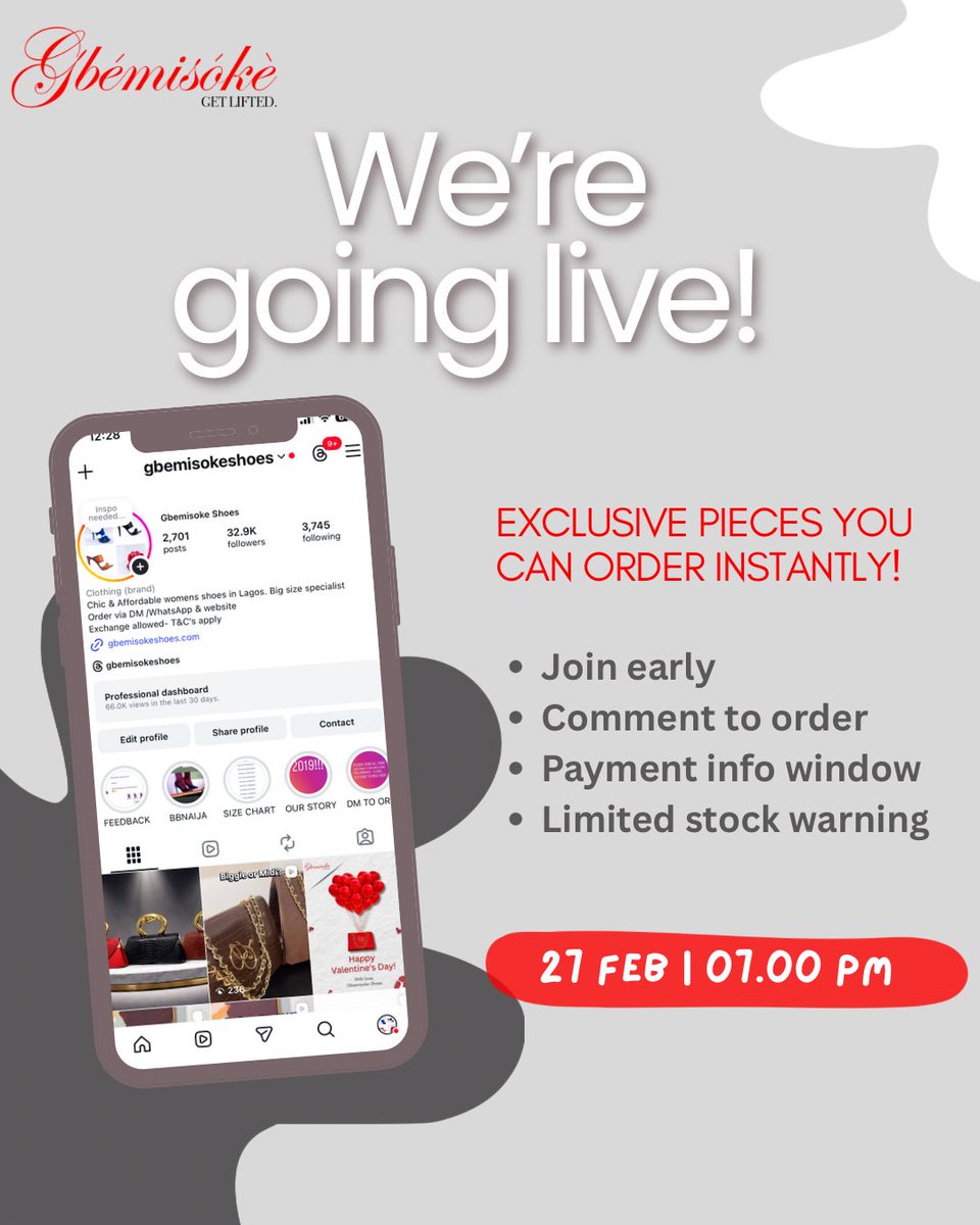 We’re going live! 📣

On the 27th of February, 2026, Gbemisoke Shoes will be hosting a one-hour Instagram Live showcase.

This is your chance to shop our finest shoes and signature bags in real time.

Comment “LIVE” if you’ll be joining us, and we’ll make sure you don’t miss it.