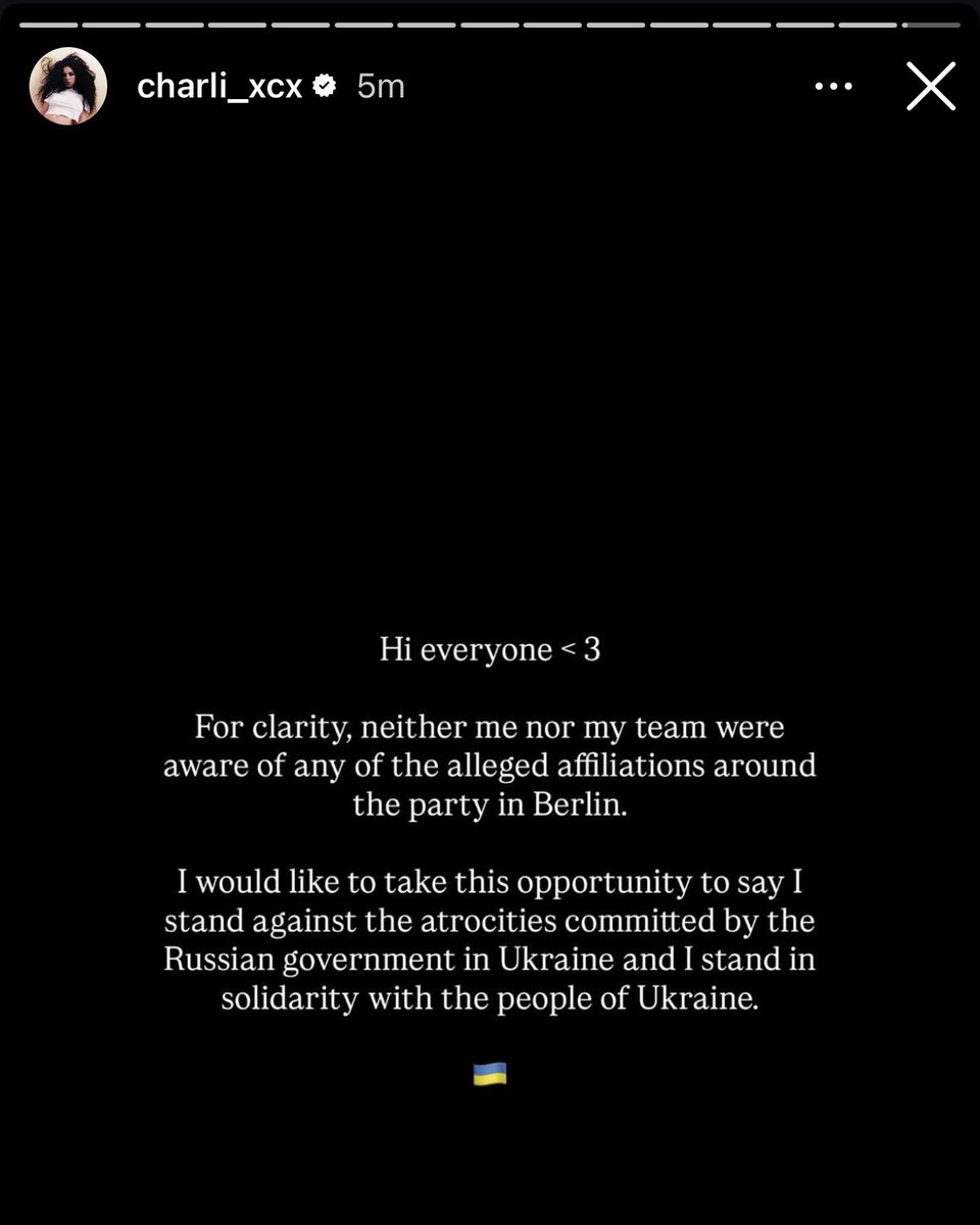 xcxshake's tweet image. Charli xcx via her Instagram story regarding the alleged affiliations connected to the Berlin party recently.