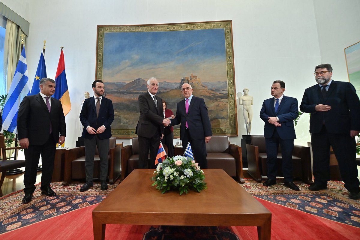 President_Arm's tweet image. In the course of the state visit to the Hellenic Republic - the cradle of Western civilization and democracy, pleased to meet Nikitas Kaklamanis, President of the Hellenic Parliament. 
Frank, friendly and open exchange on AM-GR multifaceted partnership. 
Focused on the vital role