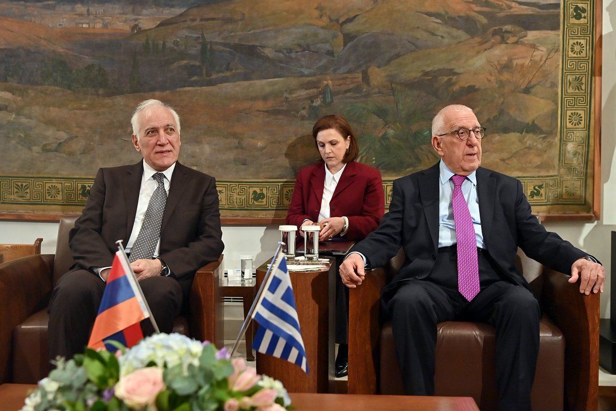 President_Arm's tweet image. In the course of the state visit to the Hellenic Republic - the cradle of Western civilization and democracy, pleased to meet Nikitas Kaklamanis, President of the Hellenic Parliament. 
Frank, friendly and open exchange on AM-GR multifaceted partnership. 
Focused on the vital role