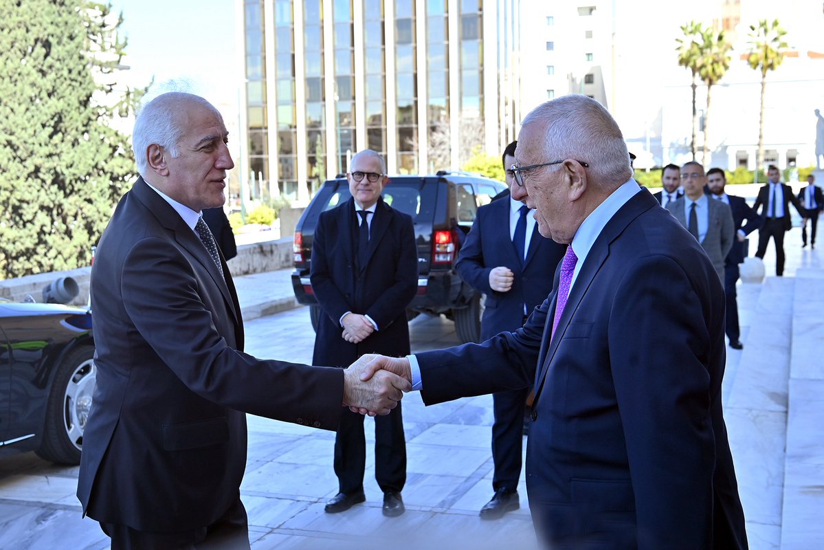 President_Arm's tweet image. In the course of the state visit to the Hellenic Republic - the cradle of Western civilization and democracy, pleased to meet Nikitas Kaklamanis, President of the Hellenic Parliament. 
Frank, friendly and open exchange on AM-GR multifaceted partnership. 
Focused on the vital role