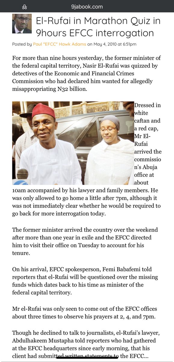 realYusufTukur's tweet photo. Malam @elrufai isn’t new to this game.

In 2008 while away, he’s declared wanted by the @officialEFCC.

On his return, he voluntarily reported &amp; was quizzed over “N32 bn Fraud”.

But on arraignment, the charges changed to “Abuse of Office”.
He was discharged &amp; acquitted in 2013. https://t.co/jmmzyB6W99