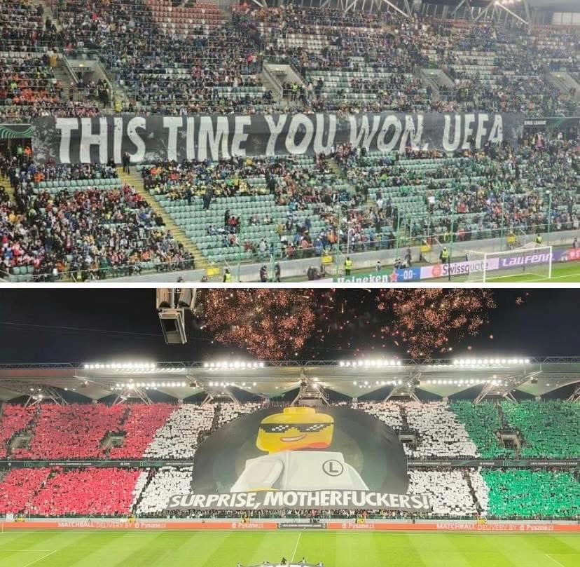 Run it back when UEFA shut down Legia Warsaw's ultra section for their Conference League game with Molde.

The ultras got tickets in another section of the stadium and left a message for UEFA. 🤣👏