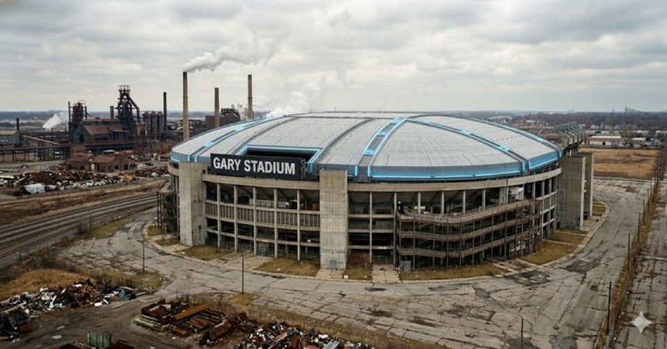 Fitz_time's tweet image. BREAKING: According to sources, the Chicago Bears will be moving to Gary, Indiana. Preliminary renderings below