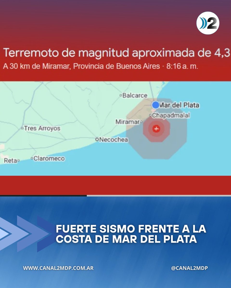 SISMO EN MAR DEL PLATA 🚨
Pasadas las 8 el sistema de alertas sísmicas de Android informó un “terremoto de magnitud aproximada 4,3” a unos 30 kilómetros de Miramar, reportado a las 8.16.

#mardelplata #sismo #miramar