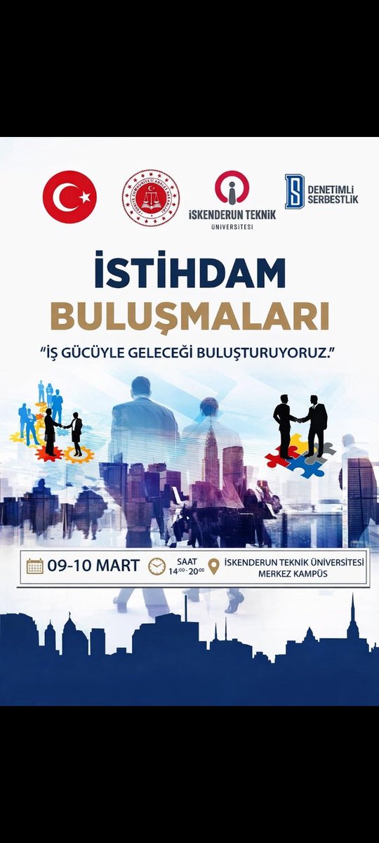 09-10 Mart saat 14:00 - 20:00 saatleri arasında İskenderun Teknik Üniversitesinde İşverenlerin katılımıyla 'İstihdam Buluşmaları' gerçekleştirilecektir.