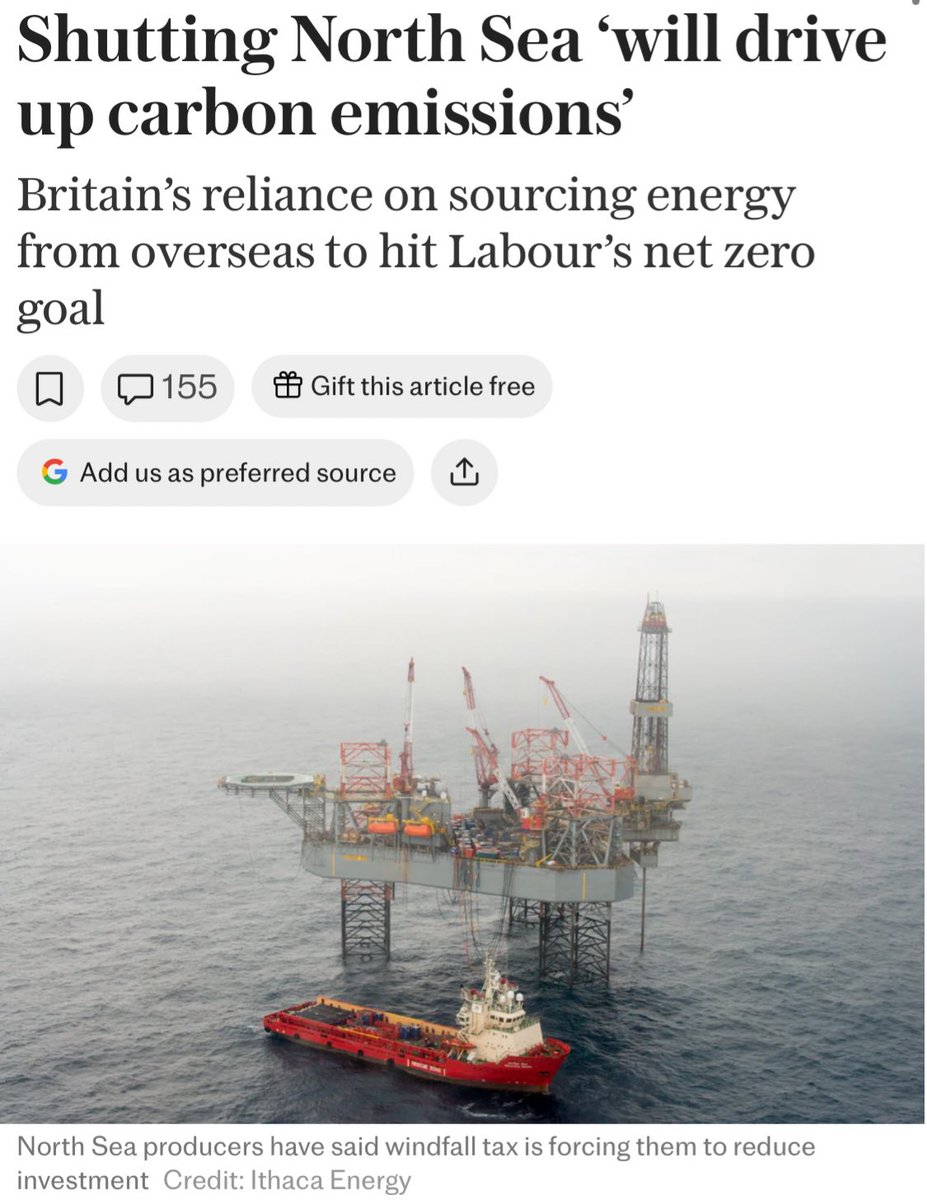 Miliband is running out of ways to justify destroying our oil &amp; gas sector.

Banning new licences &amp; the Energy Profits Levy is pushing UK production off a cliff.

📉By 2030 North Sea production is set to halve &amp; the UK will import 80% of our oil &amp; gas.

Meaning emissions will⬆️⬆️