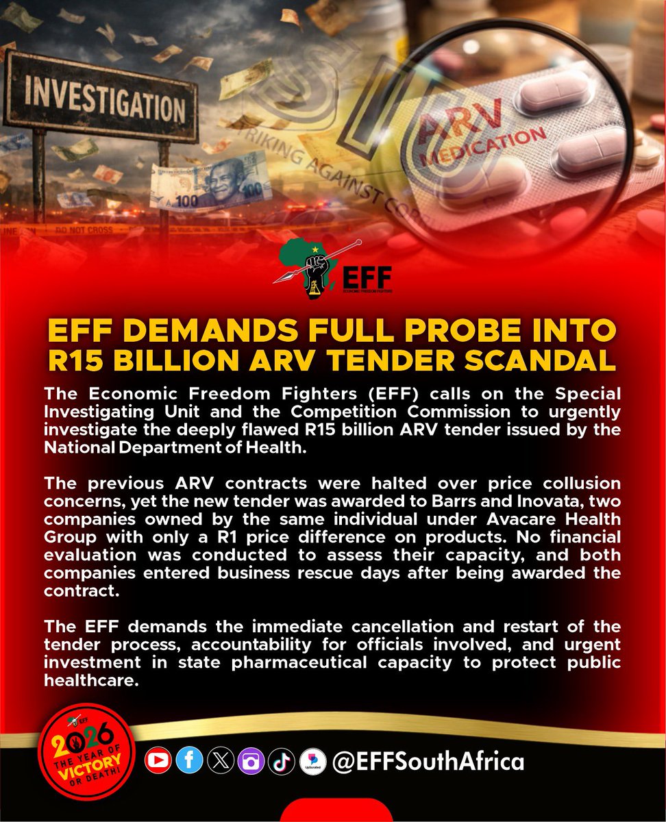 EFF DEMANDS FULL PROBE INTO R15 BILLION ARV TENDER SCANDAL