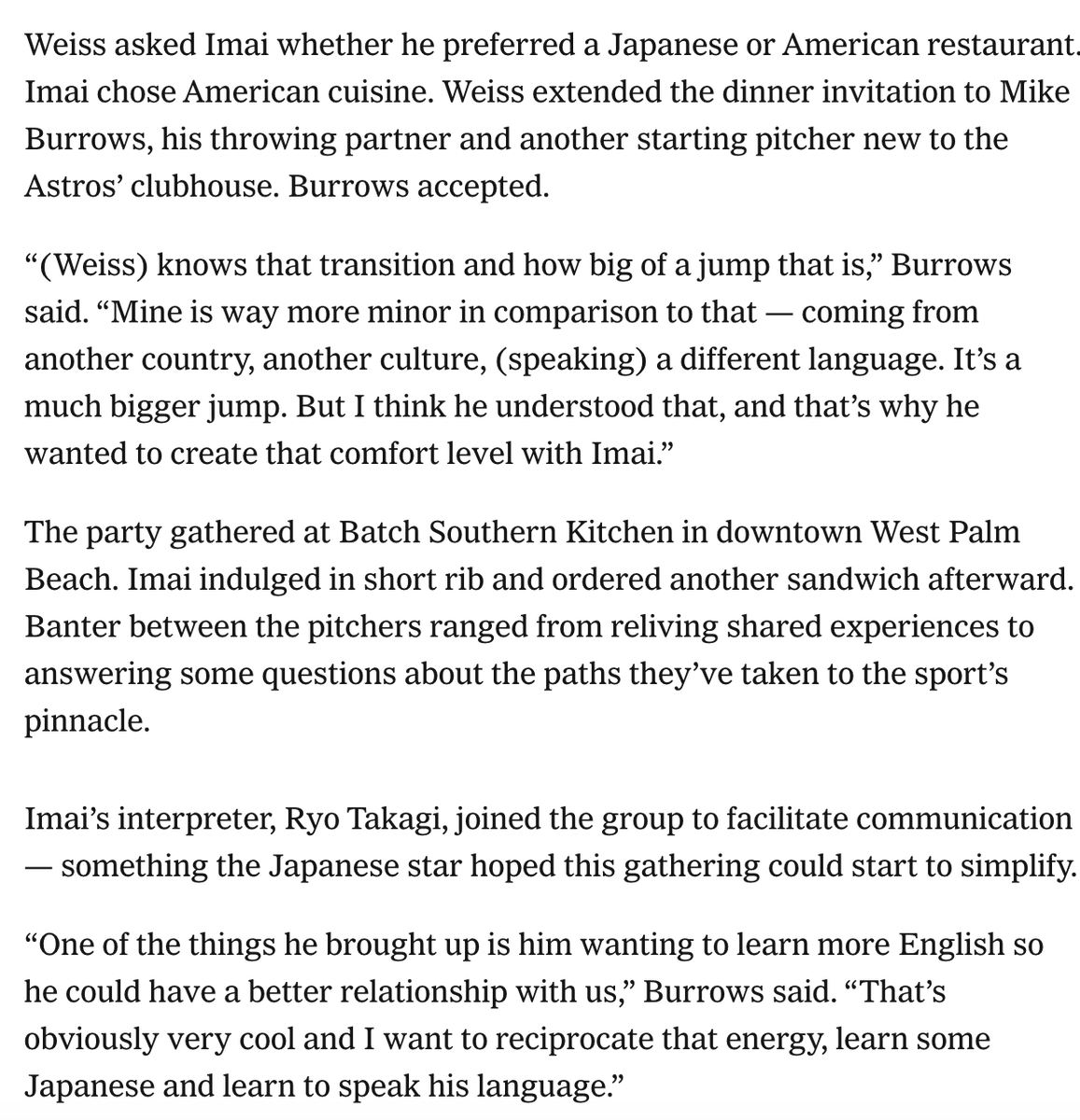 During the second day of spring, Tatsuya Imai stepped out of his comfort zone. He found a "connection" in Ryan Weiss, one of the only people familiar with his plight. Between PFPs, Imai approached Weiss, who organized a dinner with Houston's new pitchers -nytimes.com/athletic/70564…