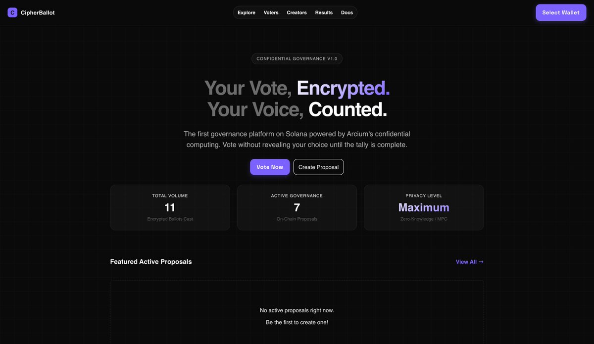 2 weeks ago I started building CipherBallot for <a href="/Arcium/">Arcium ☂️</a>   Today, it's Live on Solana (Devnet). A confidential voting system where your vote stays encrypted until the final count.  No vote selling. No manipulation. Just privacy.  cipherballot.xyz