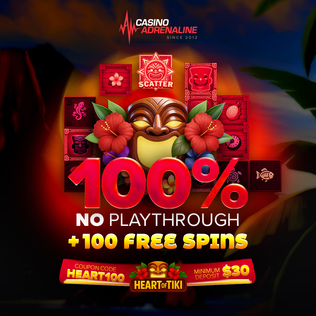 🌺 We're celebrating a new release from BGaming at Adrenaline! Until Feb 23, feel reel freedom with a lovely no-playthrough bonus—with a Tiki twist! 🍹

So, want some swift action? Use code: HEART100 and get started with a minimum deposit of $30.