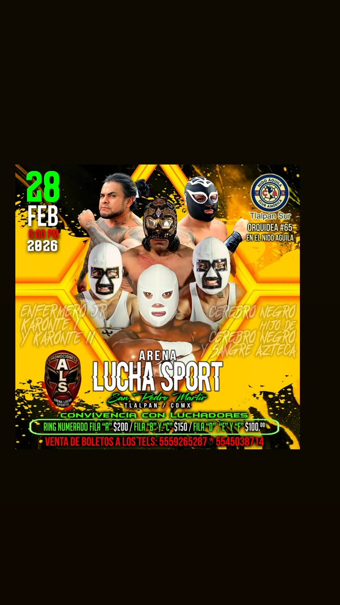 Regresamos 28 de febrero 
Arena Lucha Sports 
San Pedro Martir Tlalpan CDMX 
Boletos al 55 5926 5287
No faltes 
 <a href="/TlalpanVecinos/">Tlalpan Vecinos</a> <a href="/LaTijeraLucha/">La Tijera ✂️</a> <a href="/vecinoseguro/">Vecinos de Tlalpan</a> <a href="/LuchaLibreYYa/">Lucha Libre Y Ya</a> <a href="/mas_lucha/">Más Lucha</a> <a href="/rderudolucha/">RdeRudo LuchaLibre®</a>